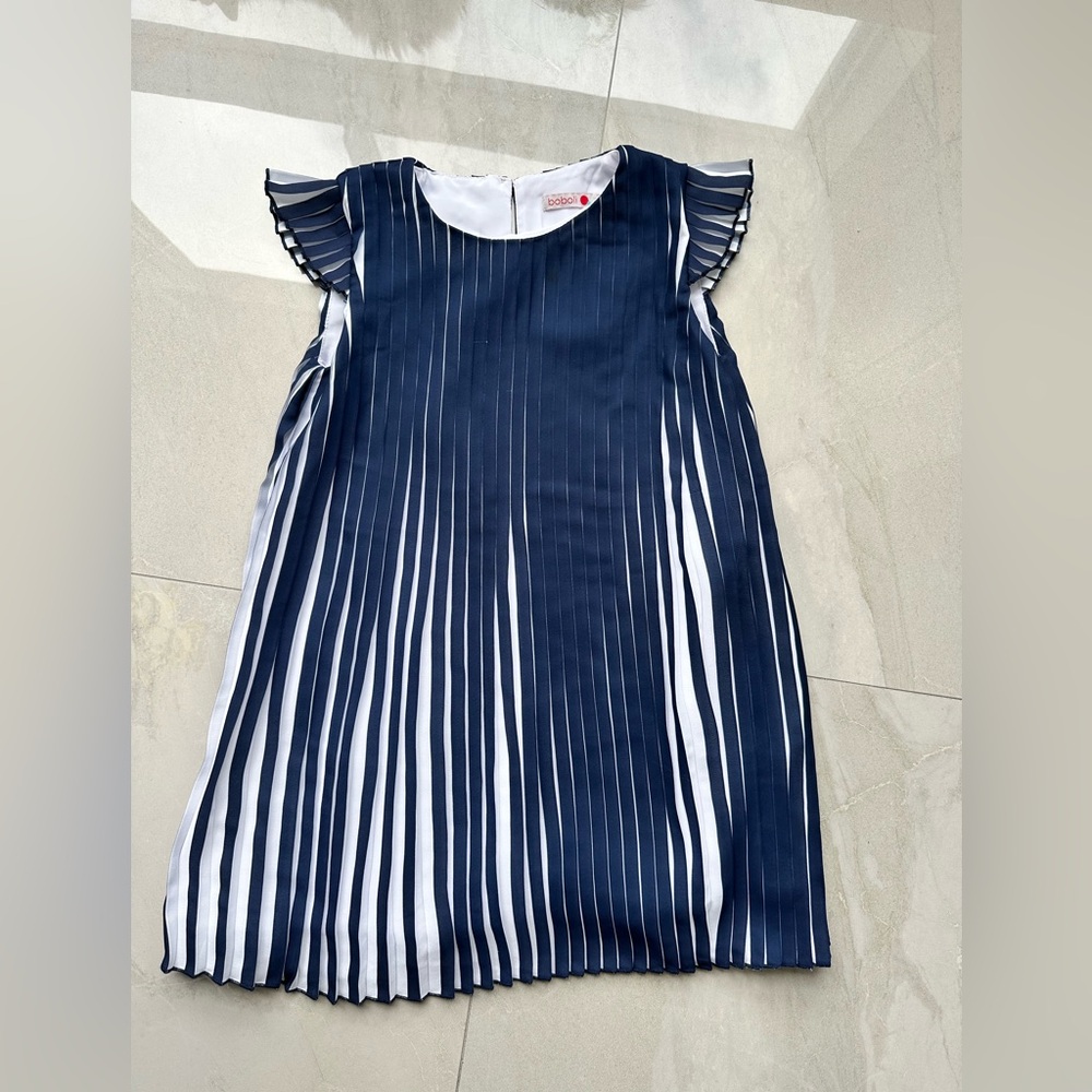 Blue and White Pleated Sheath Dress with Flutter Sleeves